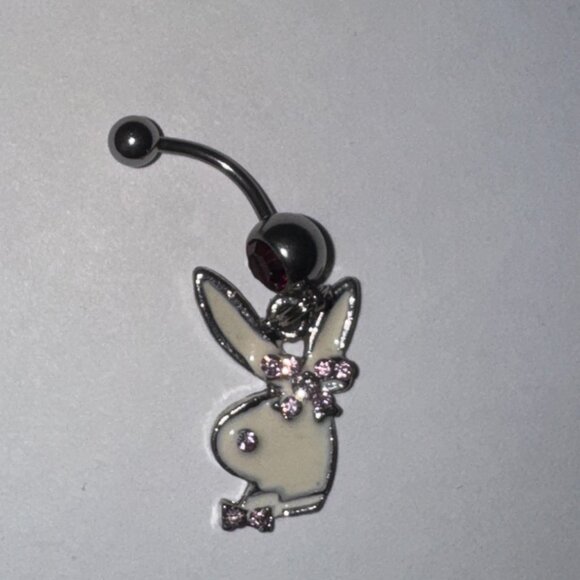 Hot Pink and white Play boy-looking Bunny Dangle Belly Ring - Picture 8 of 9